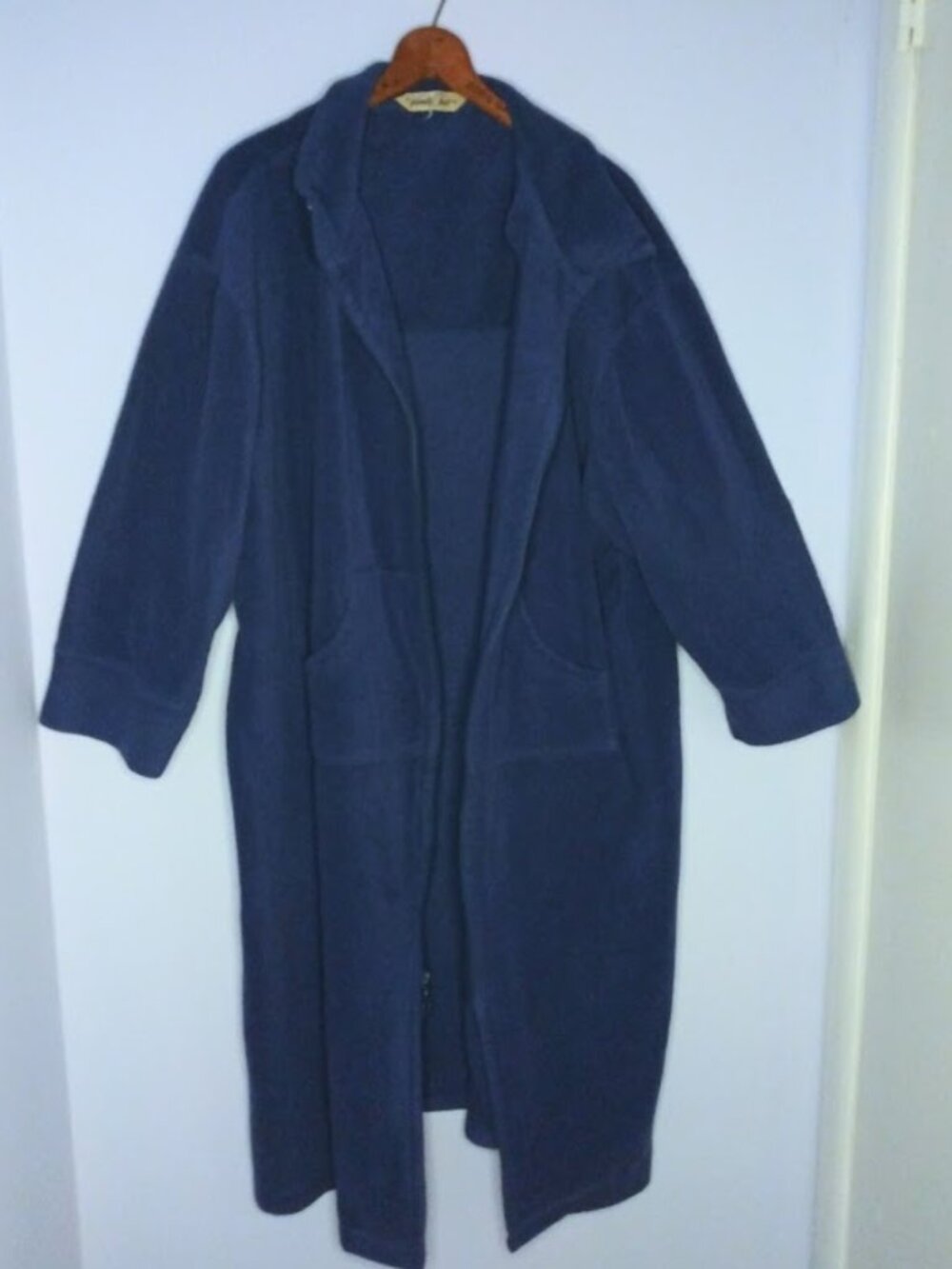 Vintage 80s Vanity Fair Robe Housecoat 2XL Navy Blue Zip Up Fleece 3/4 Sleeves